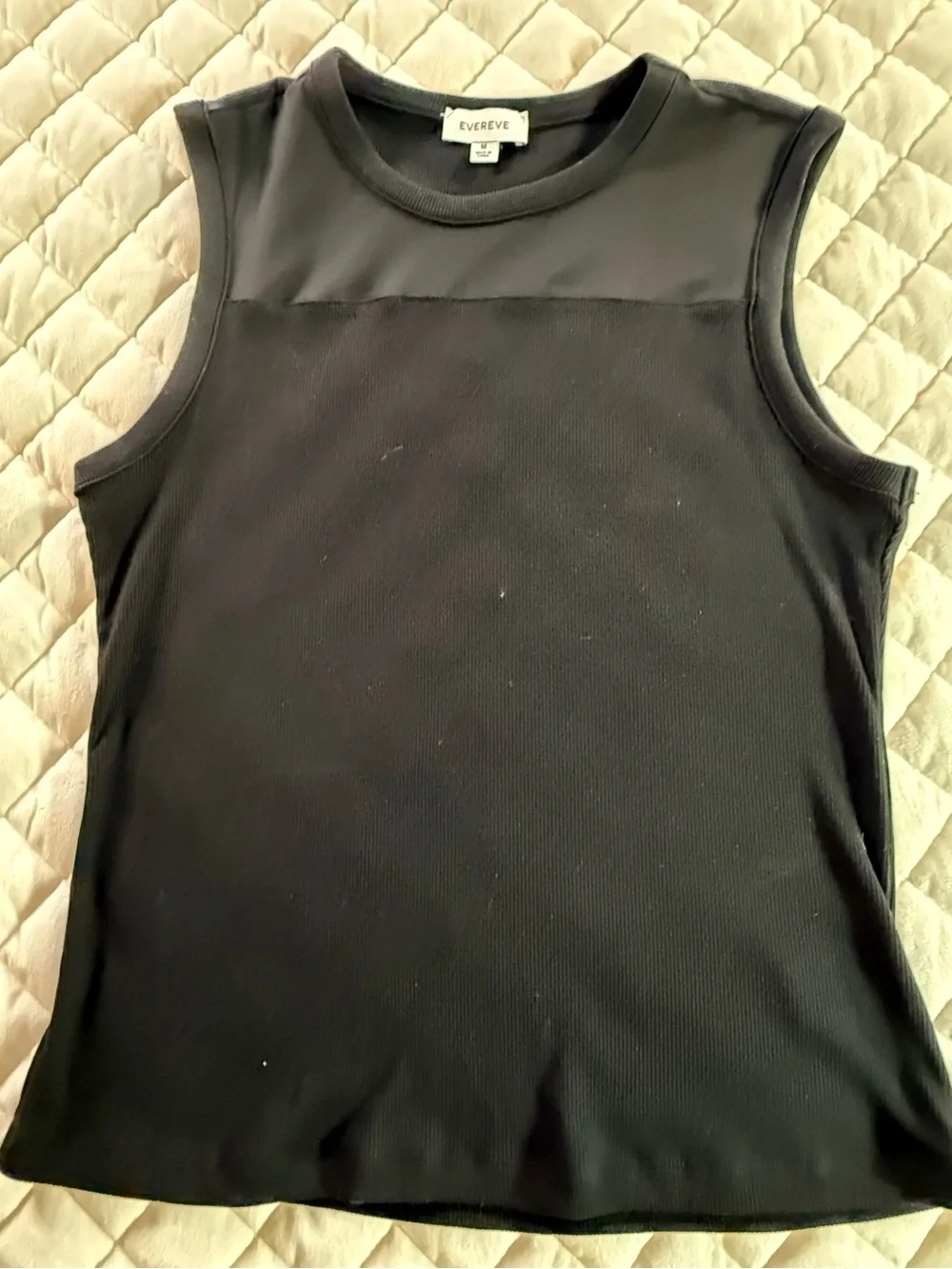 Evereve Mixed Media Ribbed Knit Tank Top Black Size M Satin Yoke Sleeveless